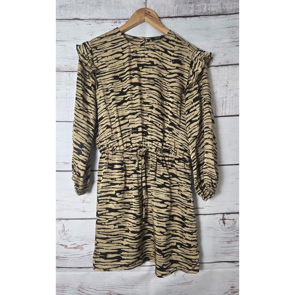 Rails Womens Ora Dress XS Tan Black Animal Print Ruffle Shoulder Long Sleeve